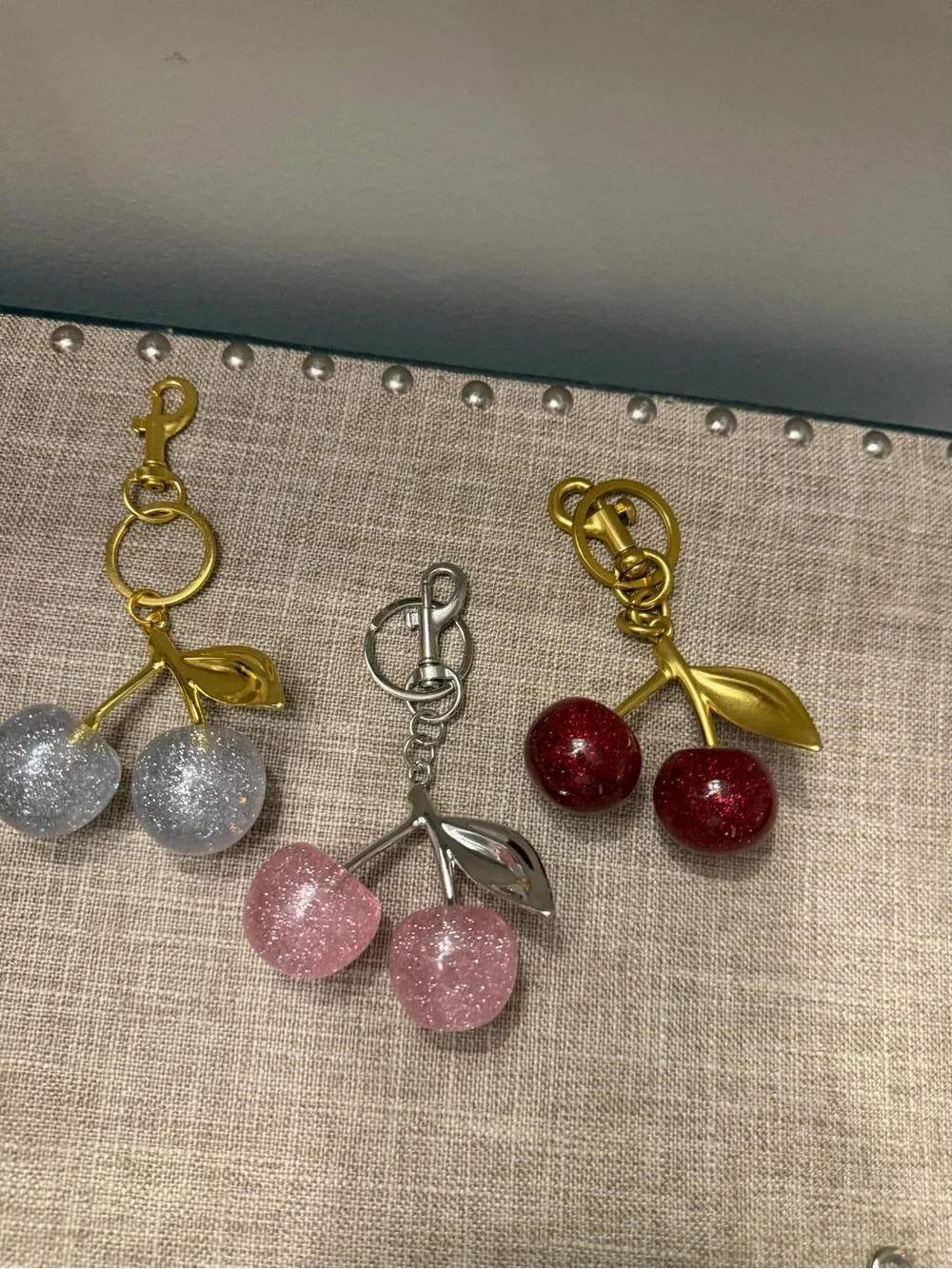 Cherry Charm Keychain - Pink Glitter Cherry Key & Card Holder
